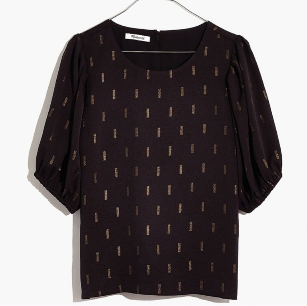 NWOT Madewell Black Jacquard Blouse with Gold Accents